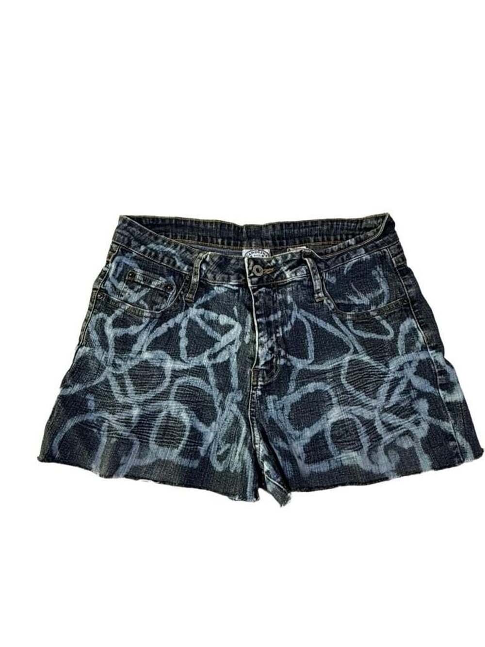 Carolina Blues Y2K Acid Wash Graffiti Print Raw Hem Denim Shorts